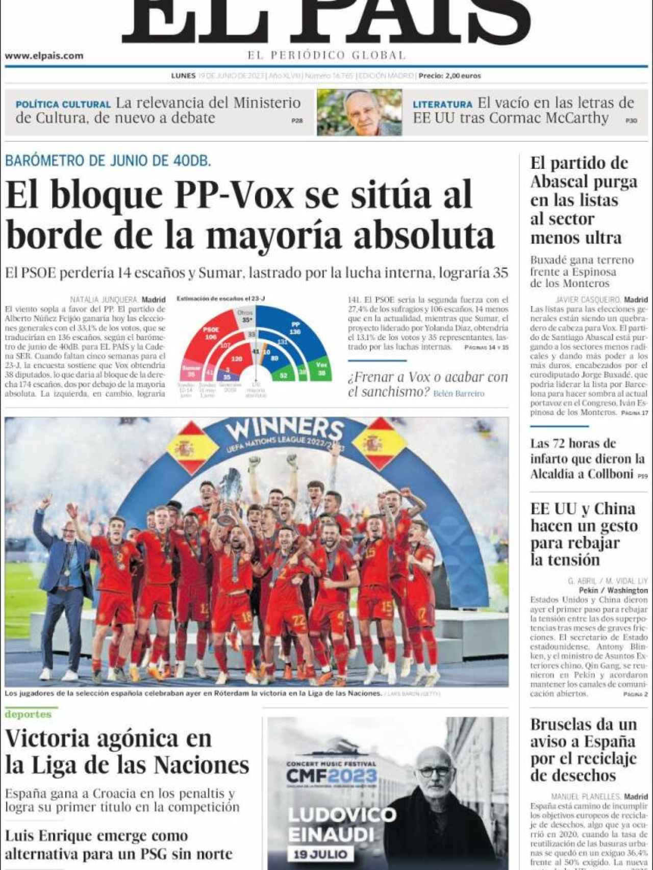 Portada de 'El País' de 19 de junio de 2023